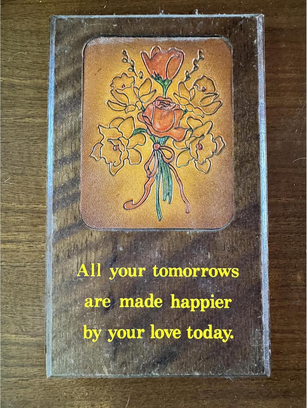 Vintage 1970s Wood & Hand-Tooled Leather Quote Plaque (8" x 5")
